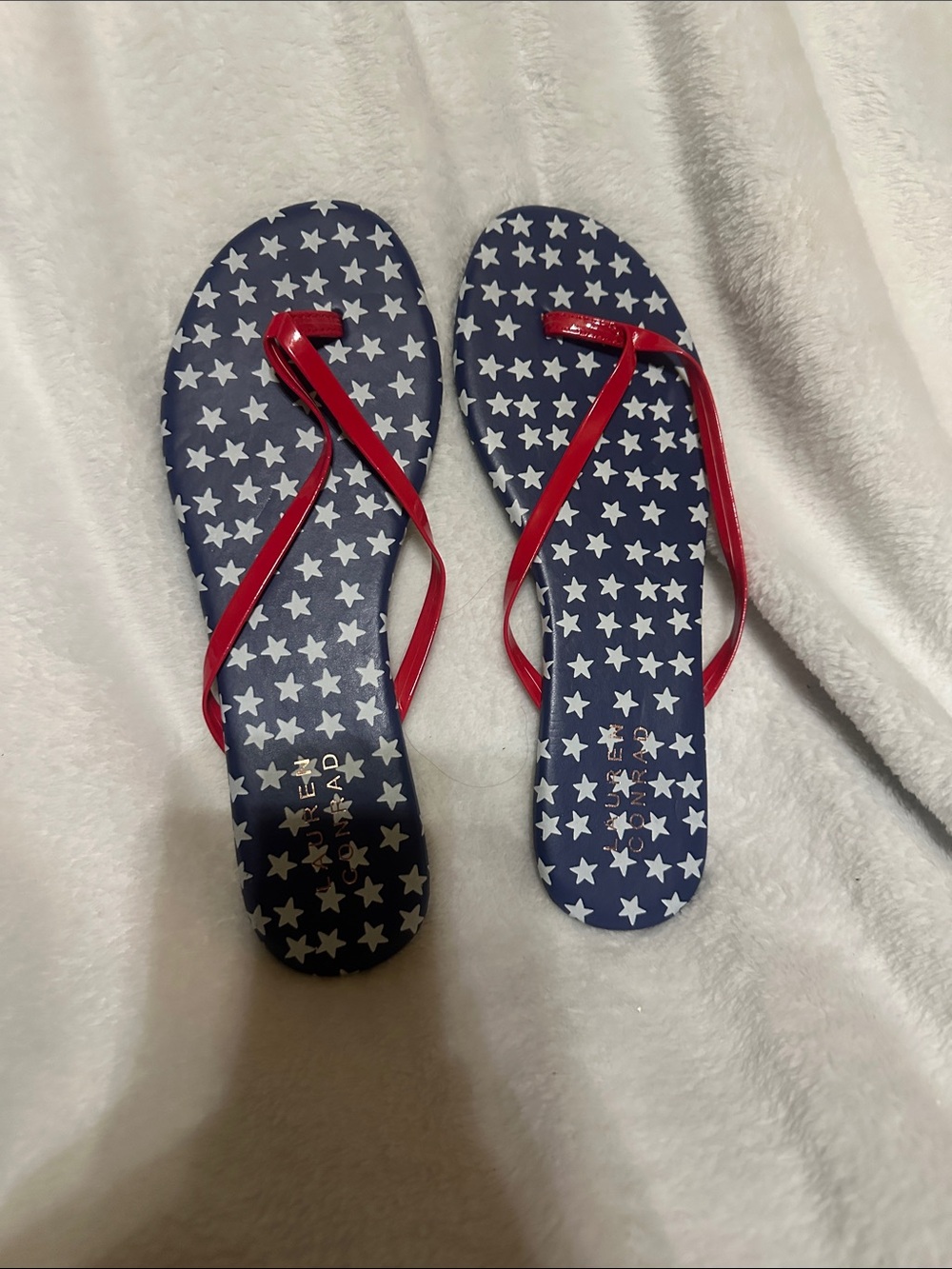 LC Lauren Conrad Navy Star Flip Flops with Red Straps